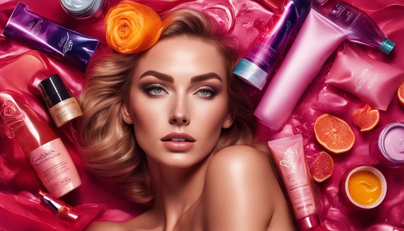 A photo of a female model surrounded by different brands of hot wax and beauty industry products.