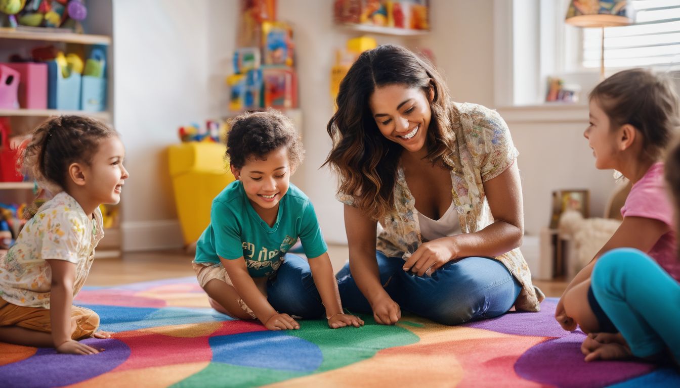 A multicultural nanny joyfully interacts with children in a vibrant playroom.