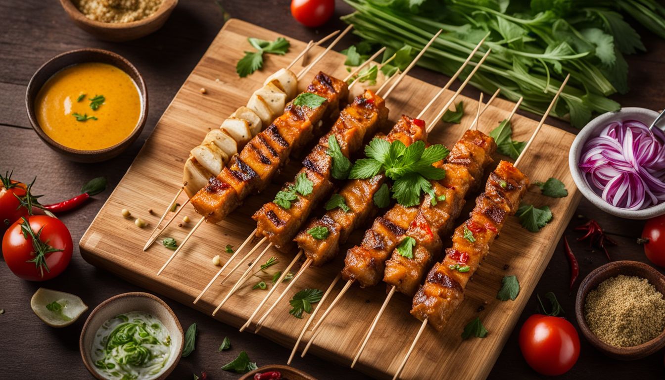 A photo of a skewer of colorful raw satay ingredients surrounded by fresh herbs and spices.