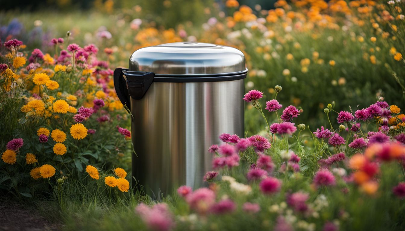 A photo of a stainless steel pedal bin surrounded by flowers in a bustling natural environment with diverse people.
