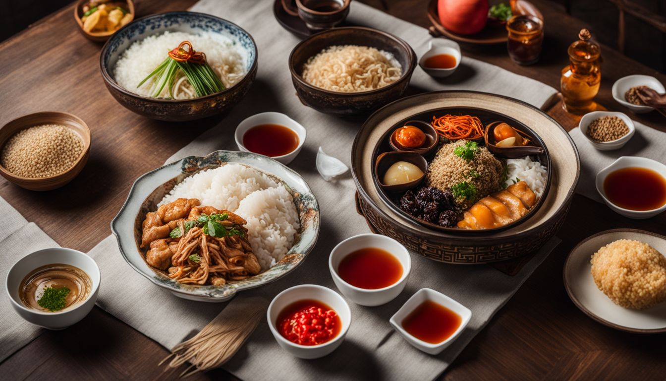 A table filled with beautifully arranged traditional Chinese confinement meals and ingredients.