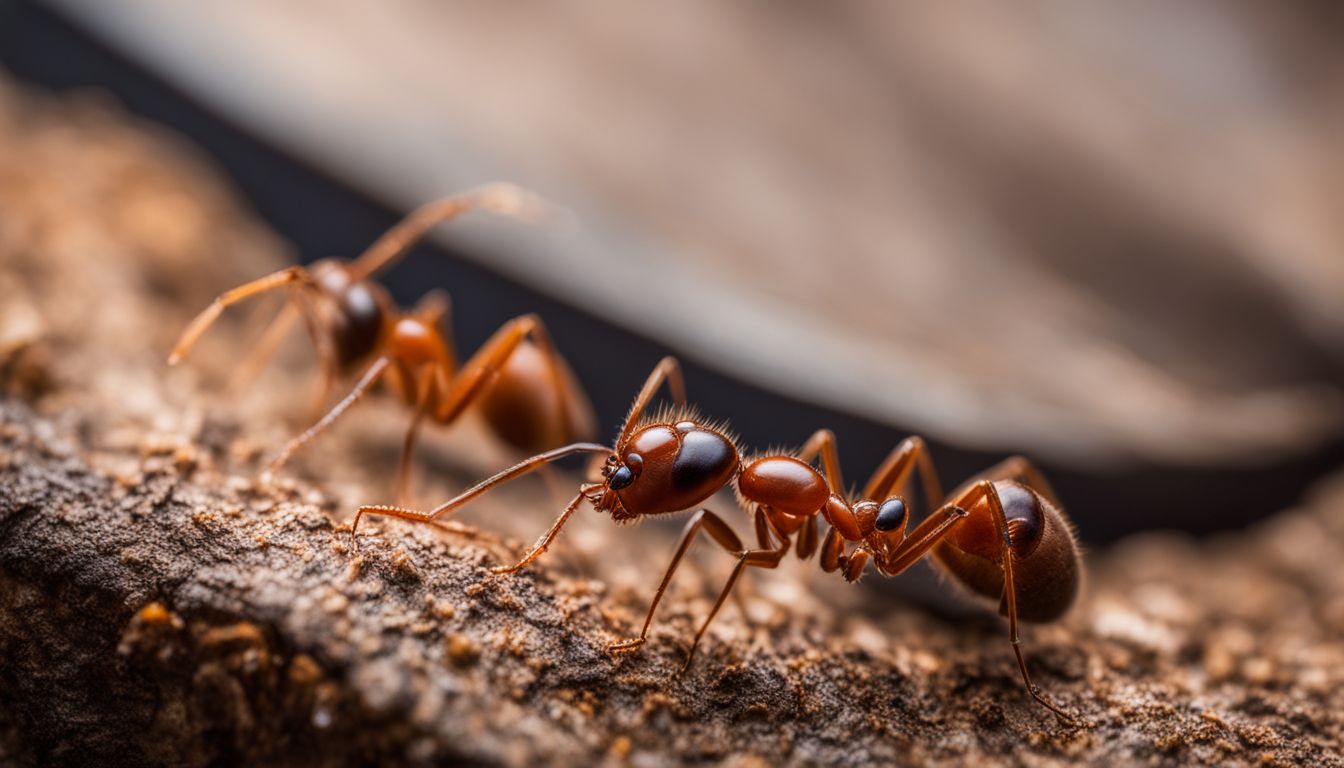 A close-up photo of ants crawling on various surfaces, featuring people with different appearances.