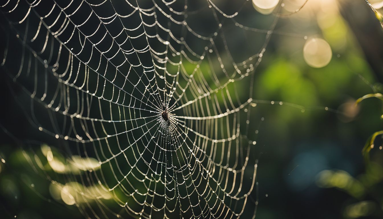 A macro photograph of a spiderweb with digital elements.