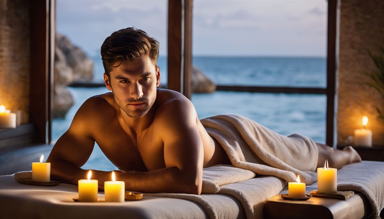 A man enjoying a relaxing massage surrounded by spa candles and a soothing atmosphere.