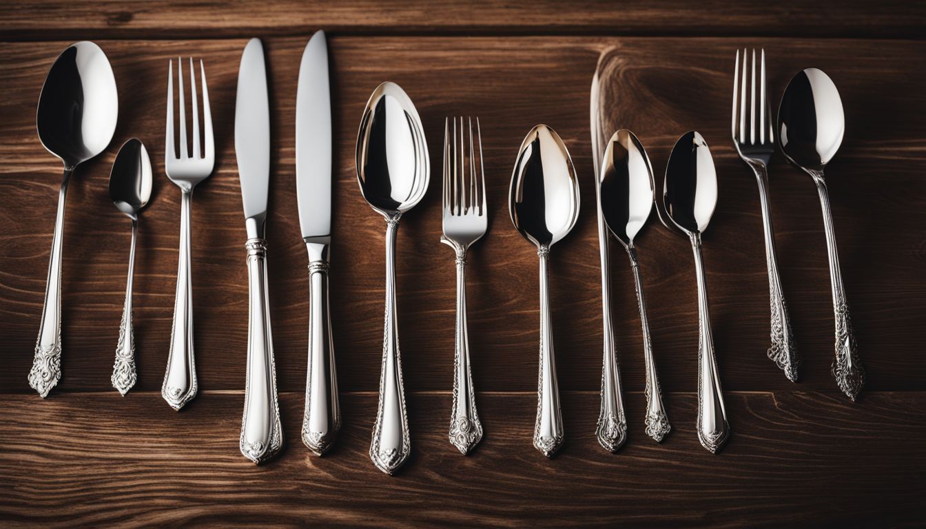 A well-lit photo of silverware arranged on a wooden table with various people and distinct styles.
