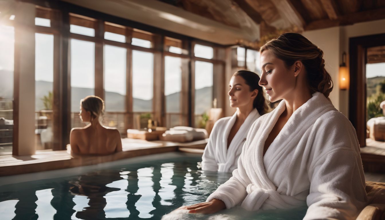 A diverse group of friends enjoy a spa day at a luxurious wellness retreat.