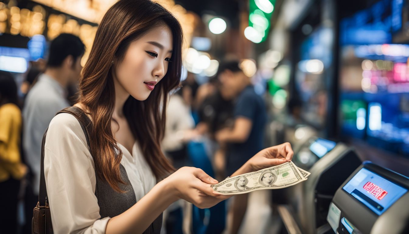 An Asian female traveler exchanging currency at a reputable money changer in a bustling atmosphere.