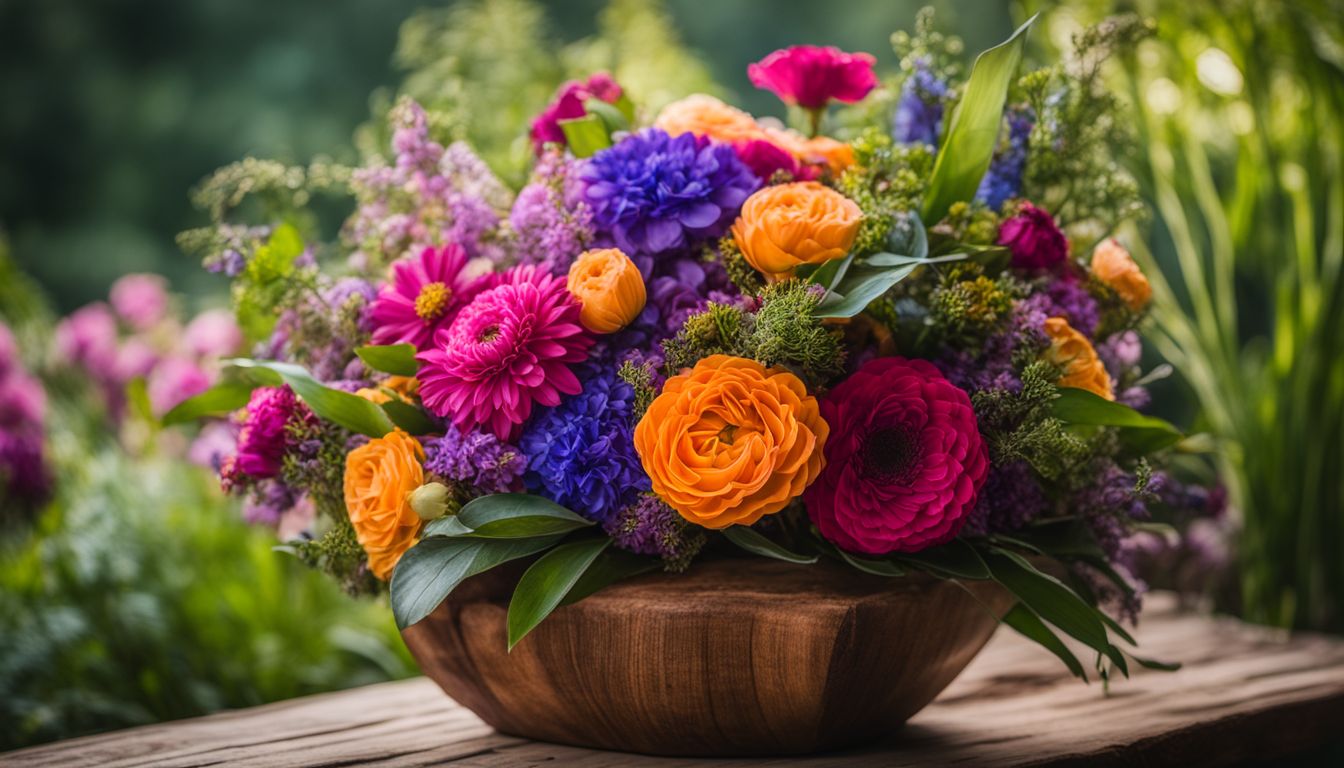 A colorful bouquet of flowers in a rustic wooden vase.