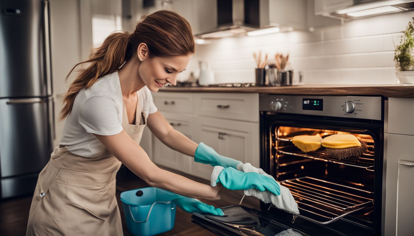 A woman cleans an oven using natural cleaning solutions in a bustling atmosphere.