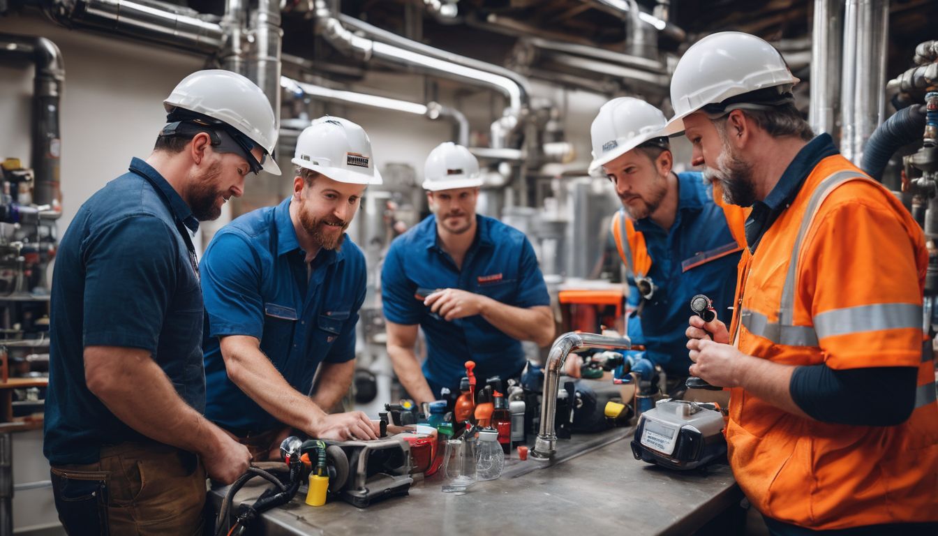 A diverse group of plumbers working together in a bustling commercial establishment.