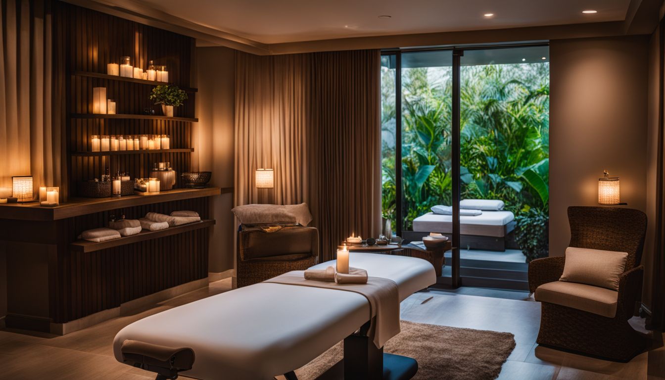 A tranquil spa room with massage table, soothing decor, and a bustling atmosphere.