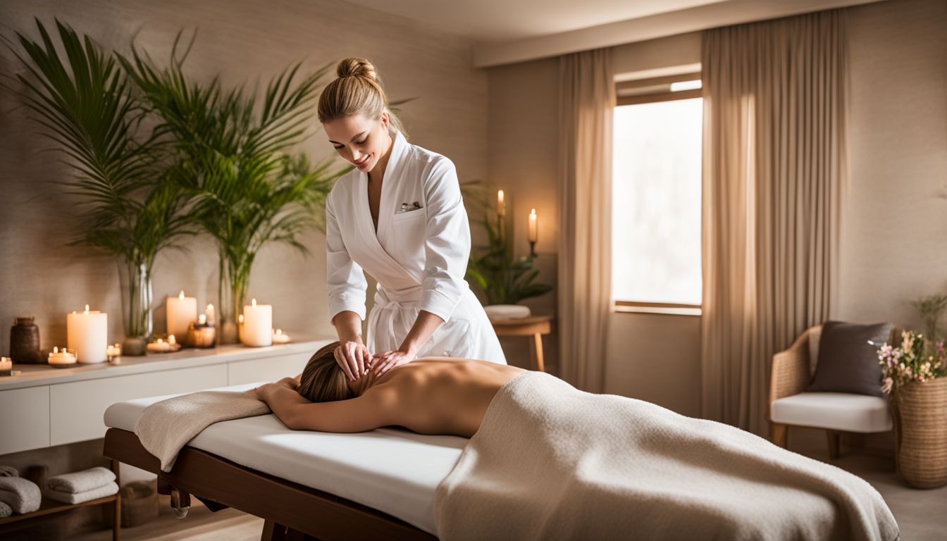 A serene spa room with therapists providing luxurious massages in a bustling atmosphere.