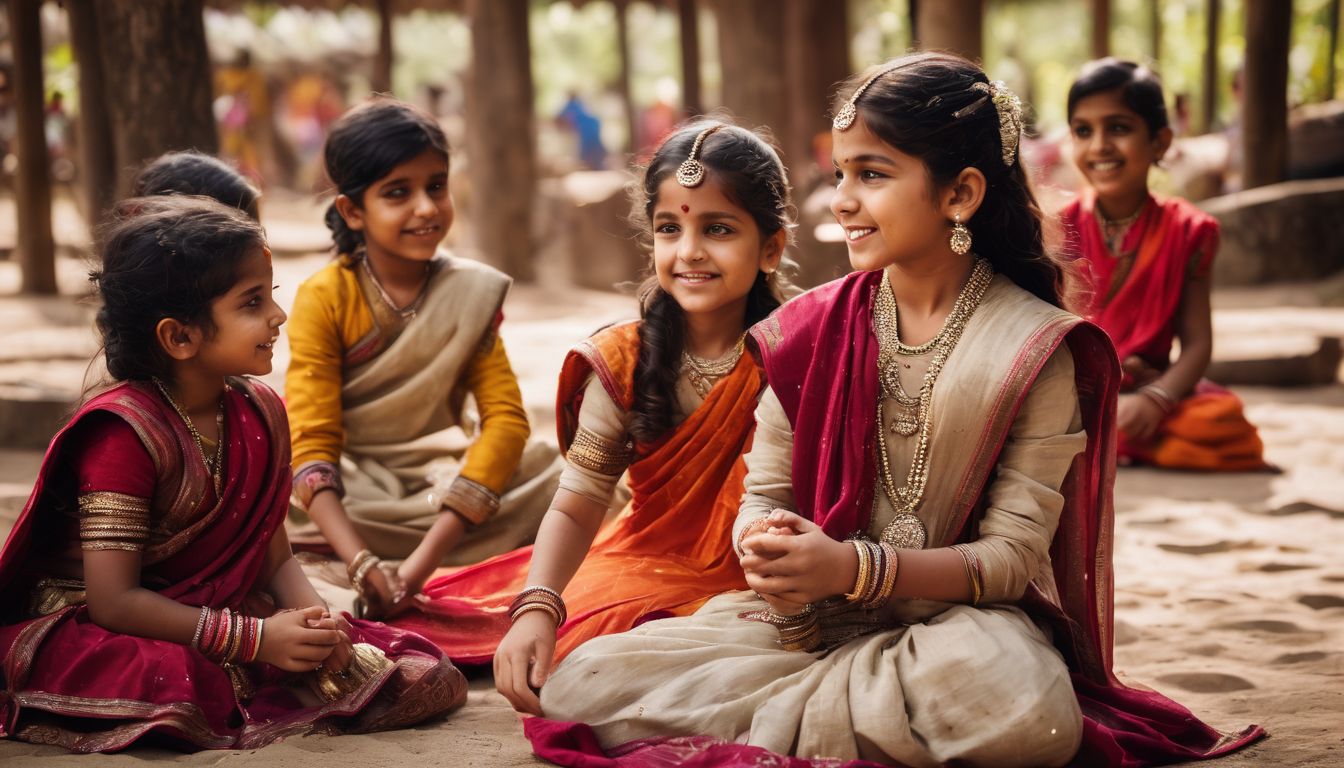 A group of Indian children in traditional clothing playing together in a multicultural playground.