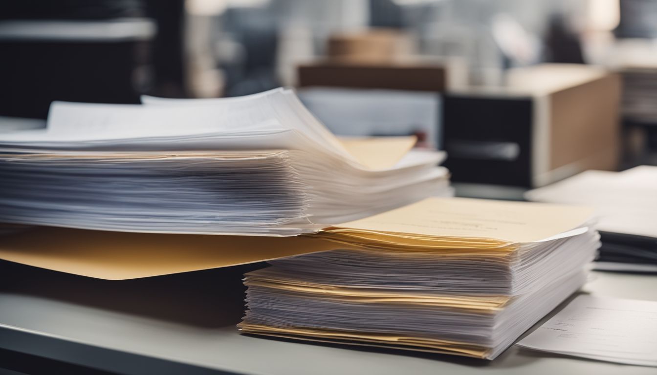 A stack of important documents surrounded by office supplies in a busy atmosphere.