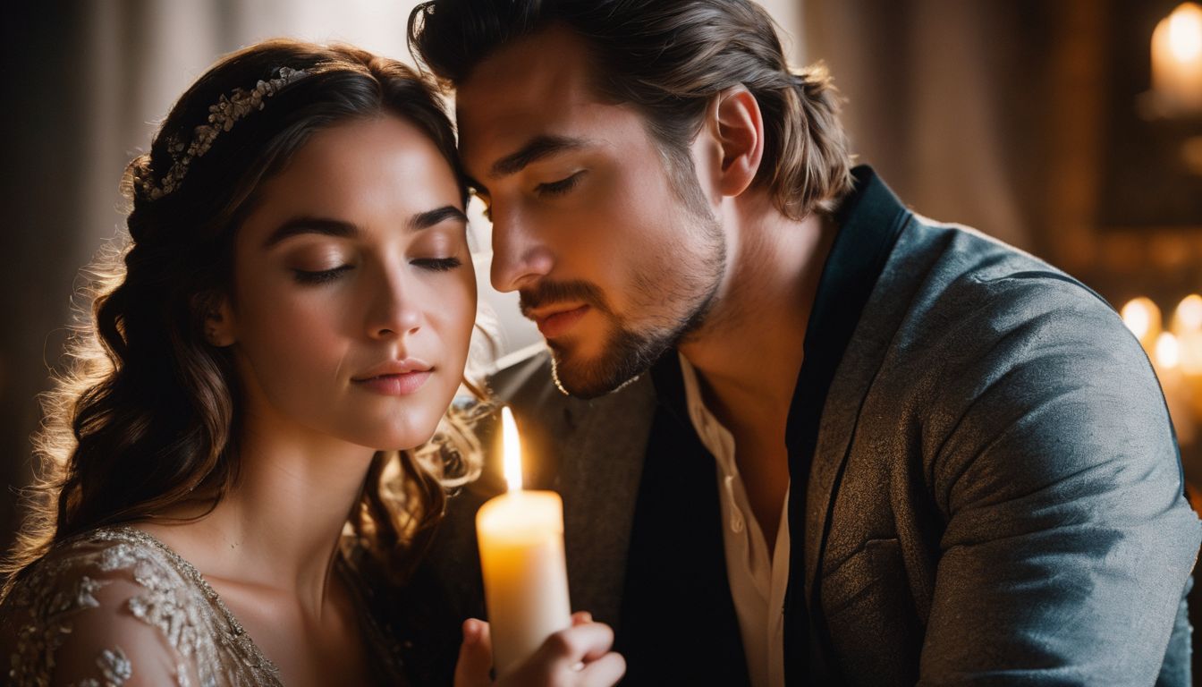 A romantic photo of a couple embracing and looking deeply into each other's eyes in a candlelit room.