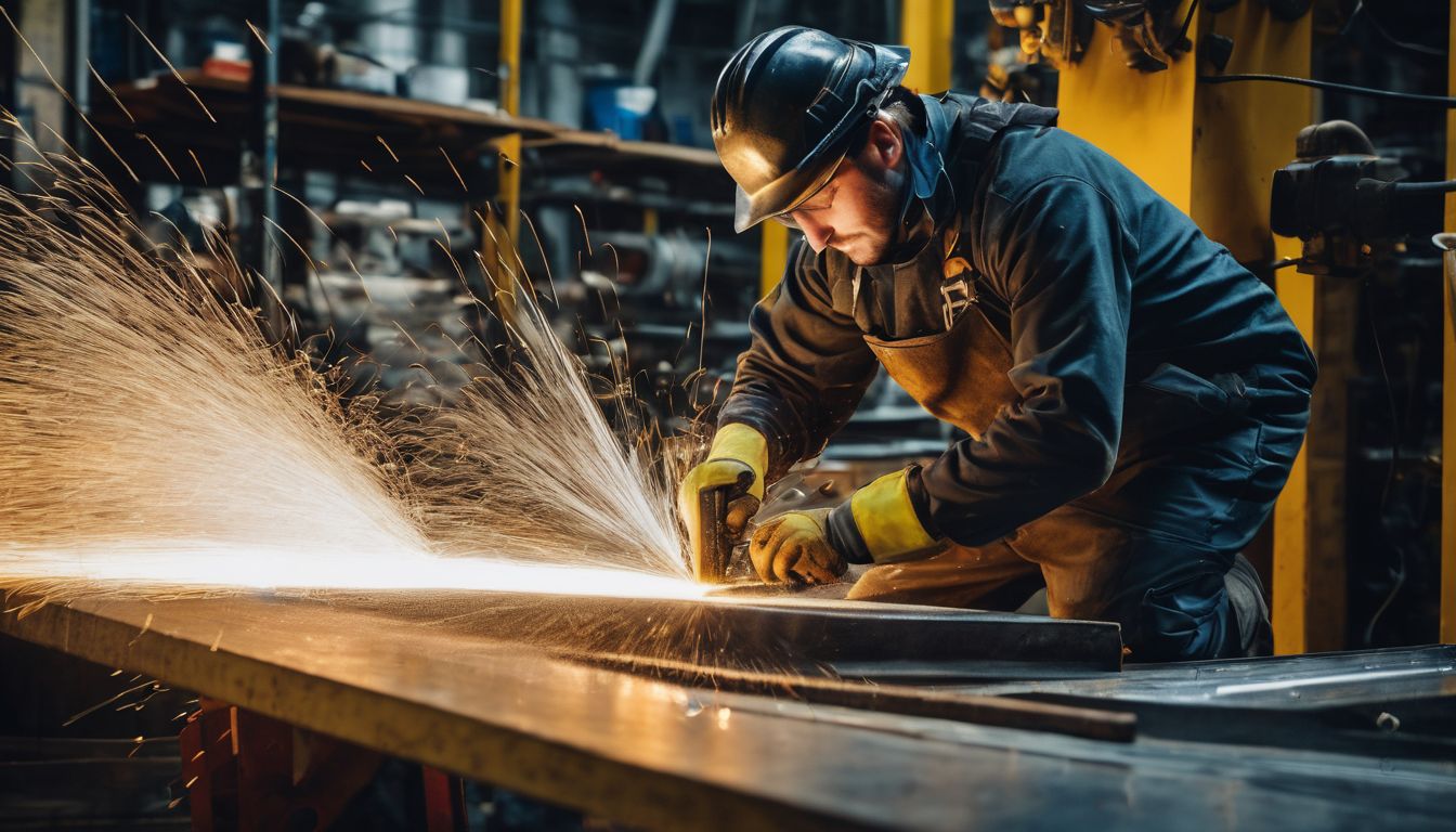 A worker in protective gear polishes a metal surface in a bustling industrial setting.