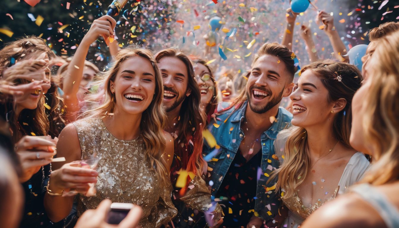 A group of diverse friends celebrate with money bouquets, laughter, and confetti.