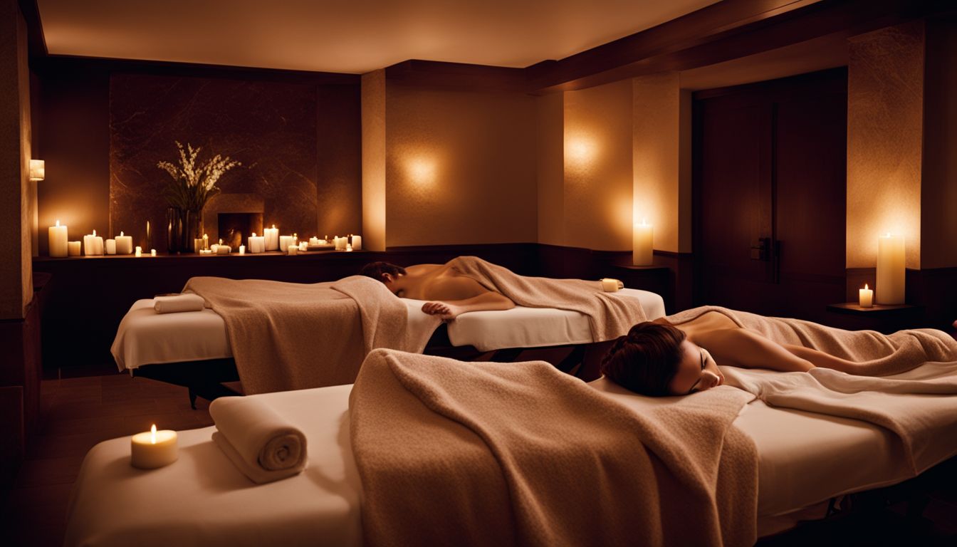 A couple lies side by side on massage tables surrounded by candles in a spa setting.