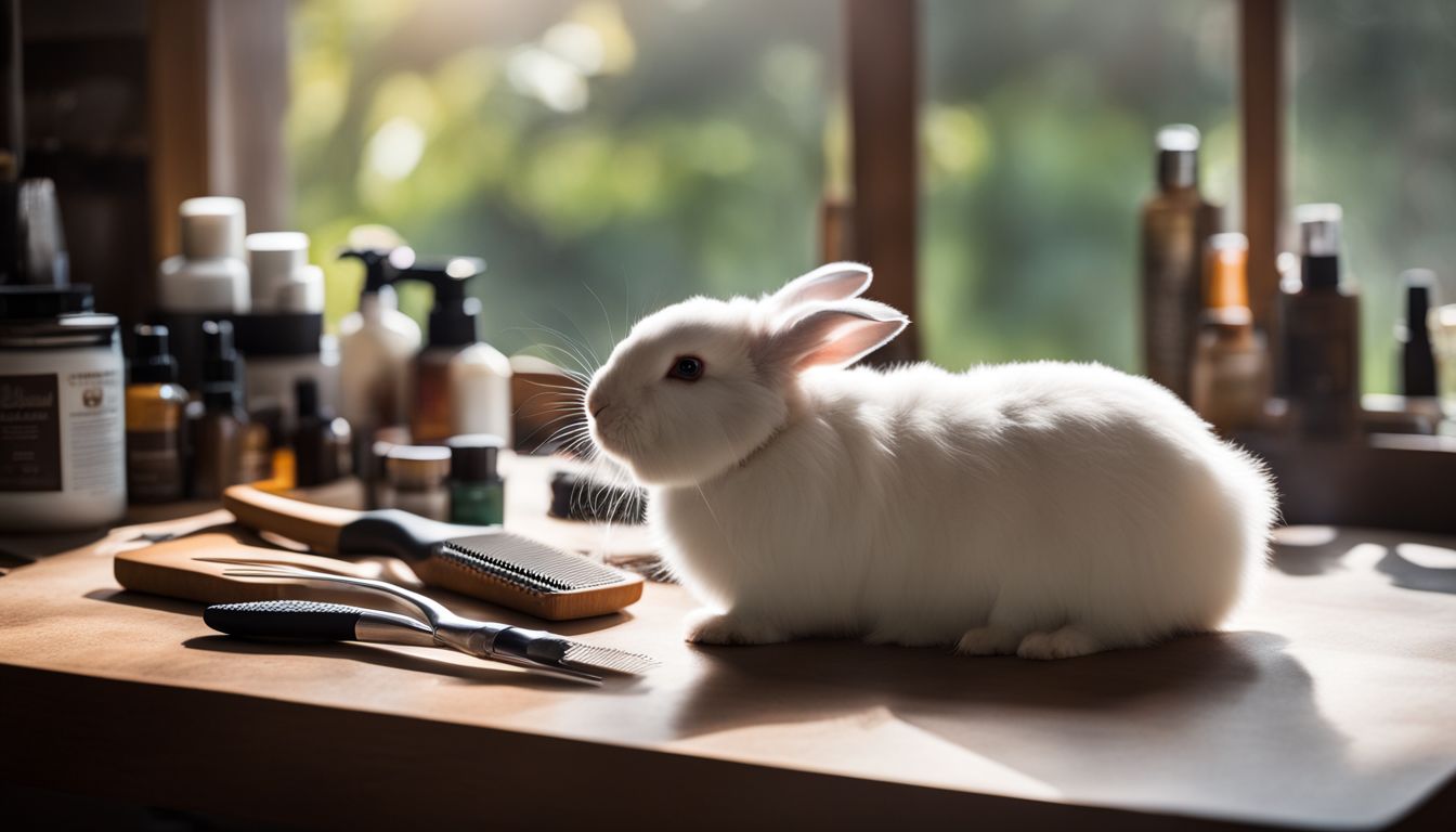 A fluffy rabbit sits on a grooming table surrounded by grooming tools, products, and various people.
