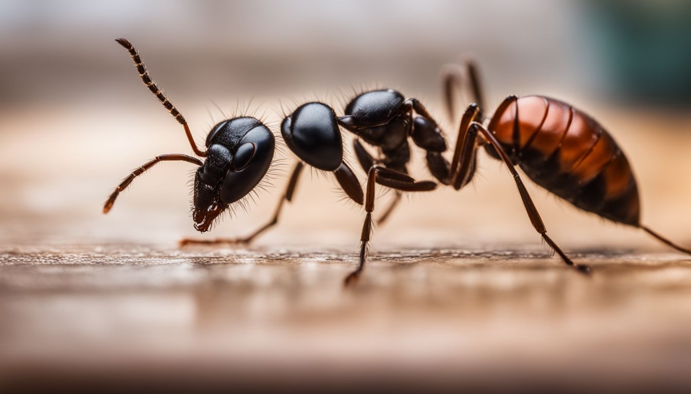 A close-up photo of an ant on a countertop with a blurred kitchen background.