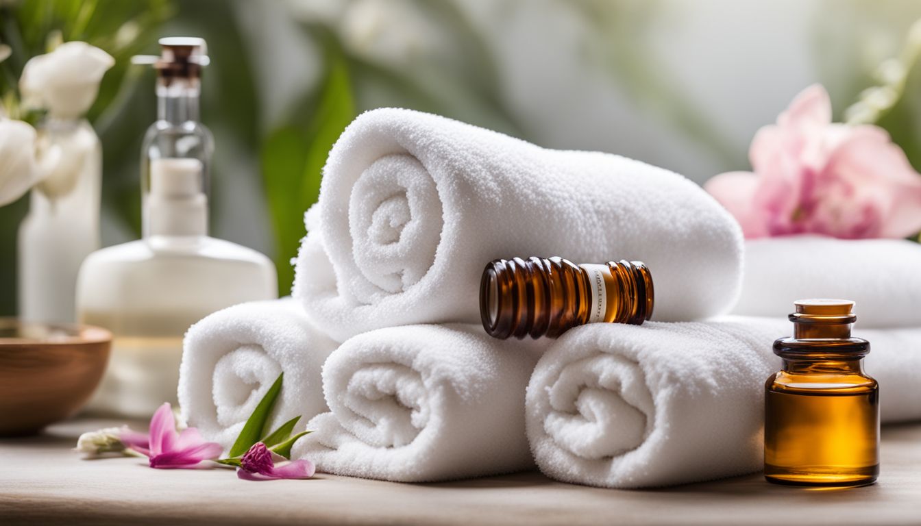 A photo of neatly stacked white towels on a massage table with essential oils and flowers nearby.