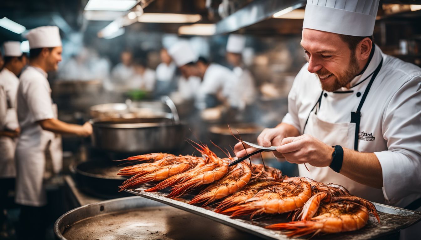 A chef holds a plate of grilled prawns in a busy seafood market, captured in high-quality detail and vibrant colors.