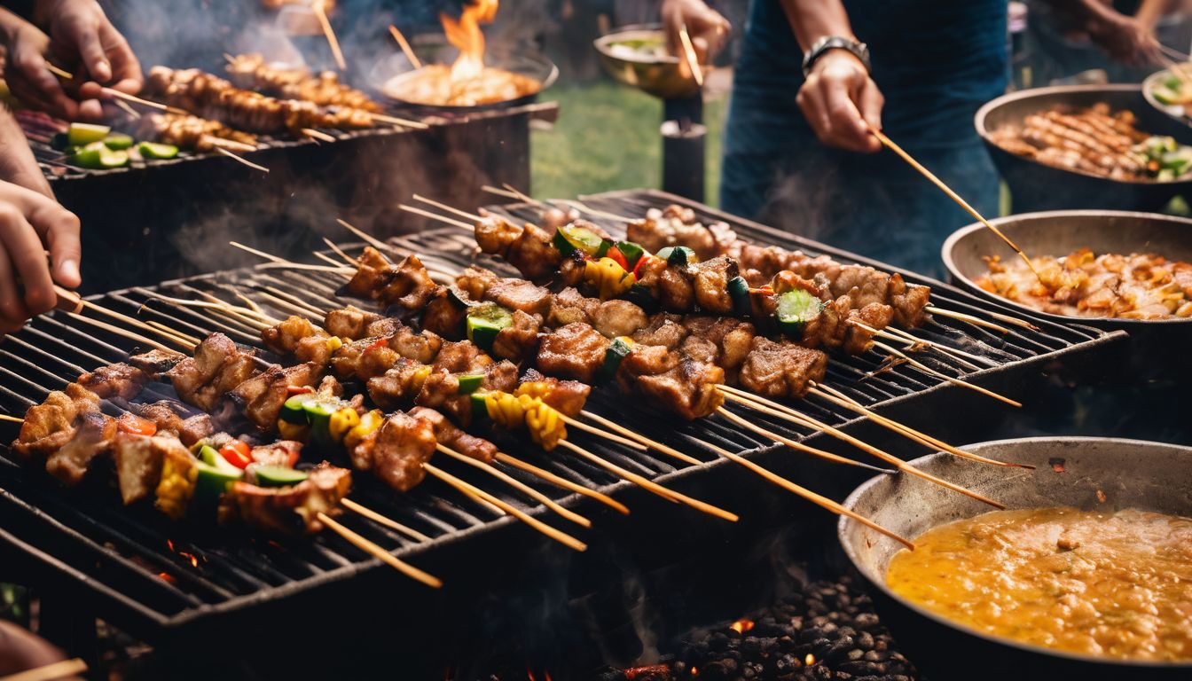 A diverse group of people enjoying a Singaporean BBQ feast with raw satay skewers grilling over a barbecue.