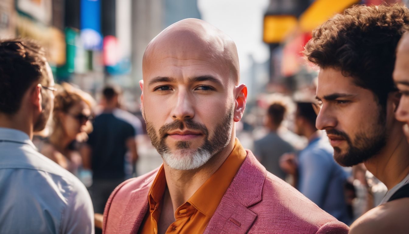 A confident and content bald man is surrounded by a diverse group of friends in a bustling cityscape.
