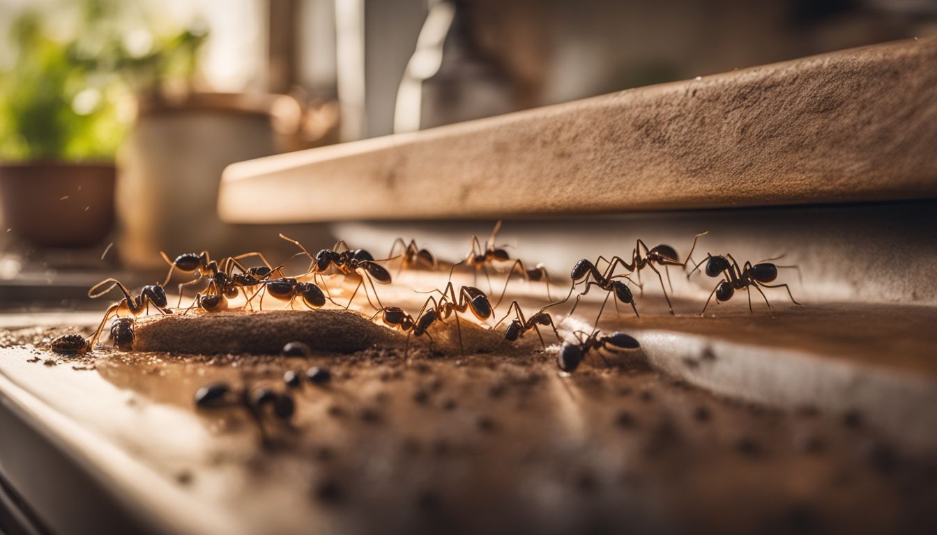 A close-up photo of ants invading a kitchen countertop in a residential setting.