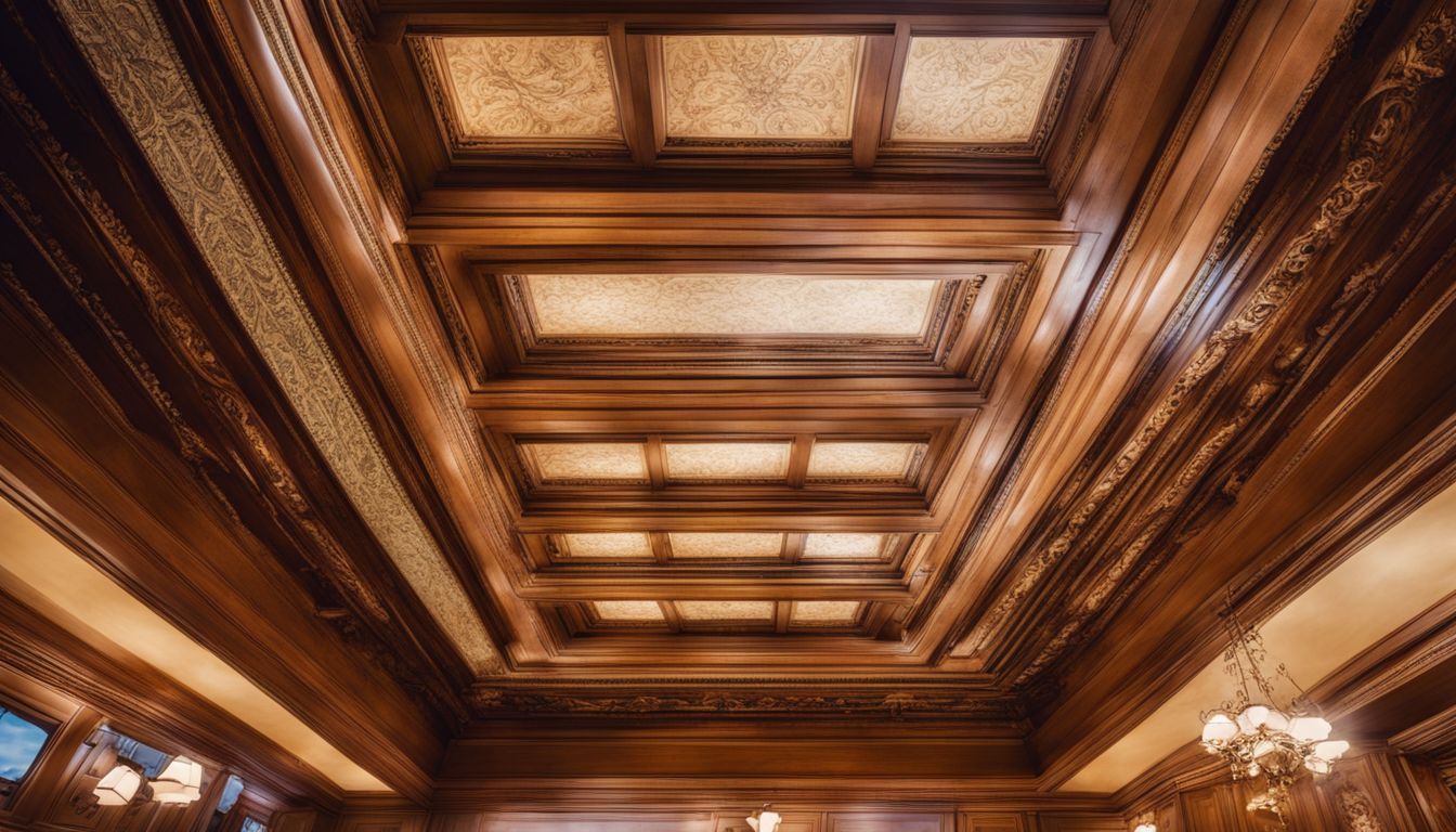 A close-up photo showcasing various ceiling board designs and materials in a bustling atmosphere.