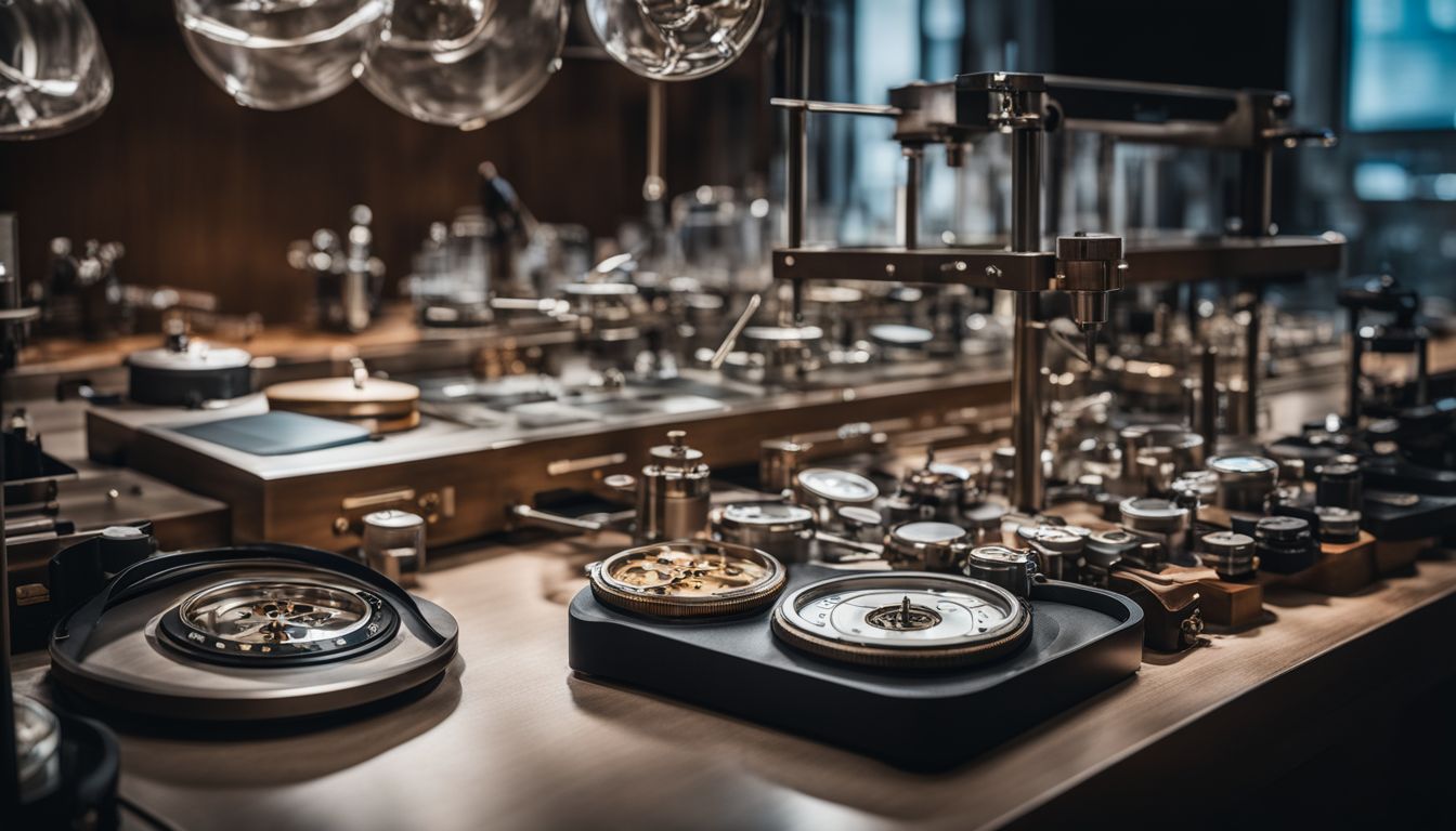 A photo showcasing a collection of world-class watchmaking tools in a high-tech laboratory setting.