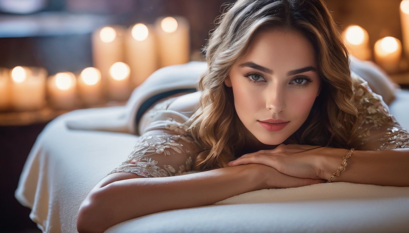A woman lies on a floral-covered massage table, surrounded by candles and soft lighting, for a portrait photography session.