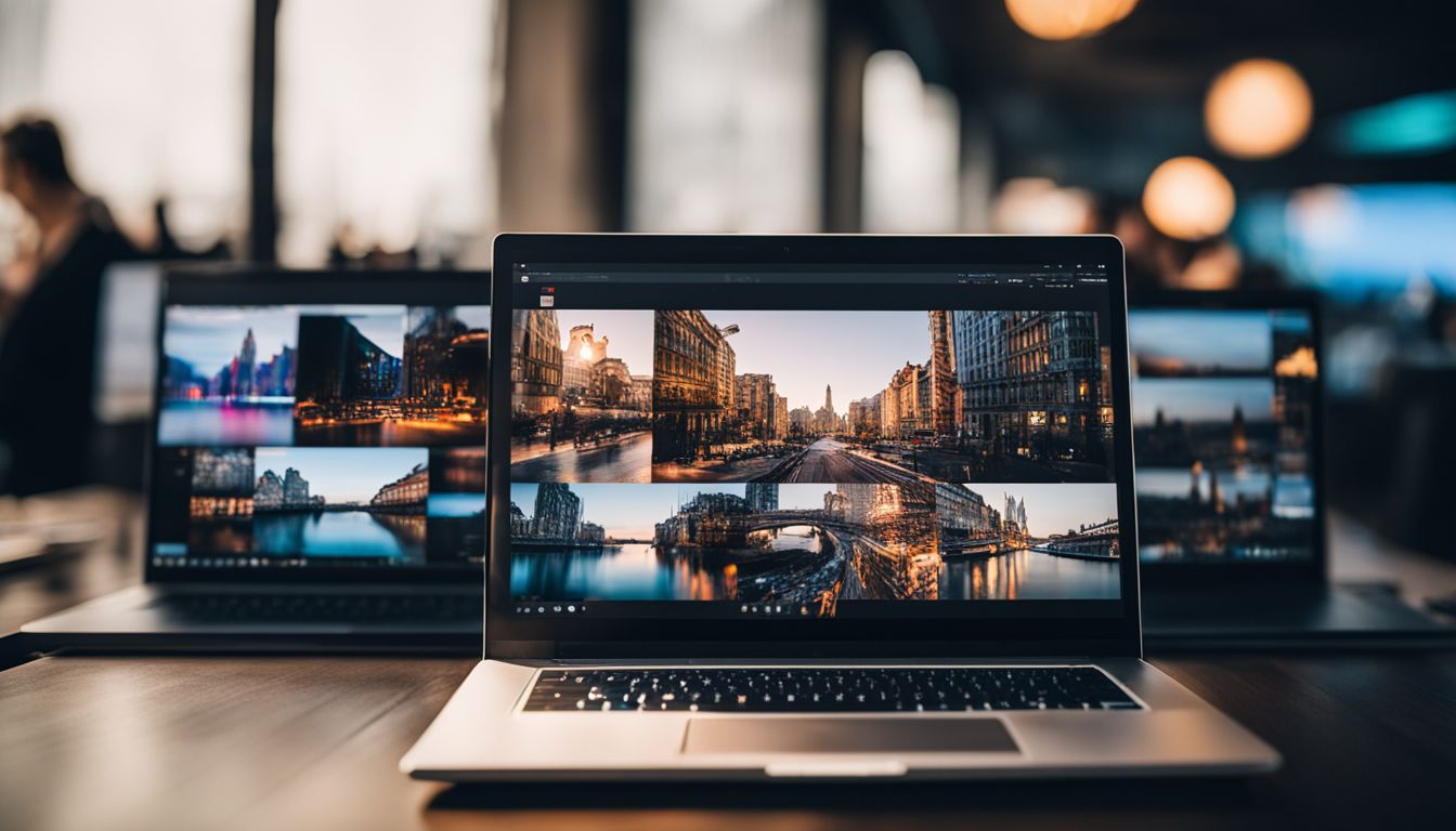 A close-up photo of a laptop screen with reflections of various people's faces, cityscape photography, and vibrant atmosphere.