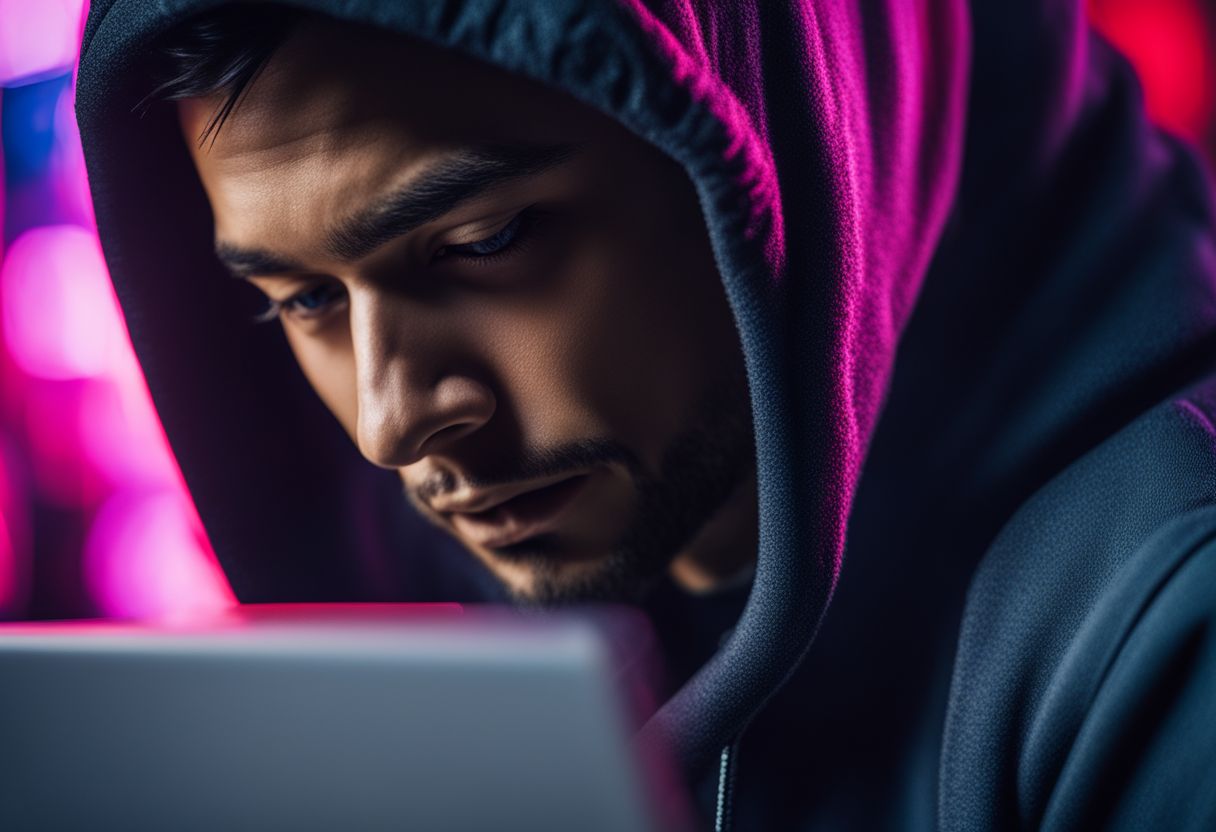 A hacker in a hoodie typing on a laptop close-up shot.