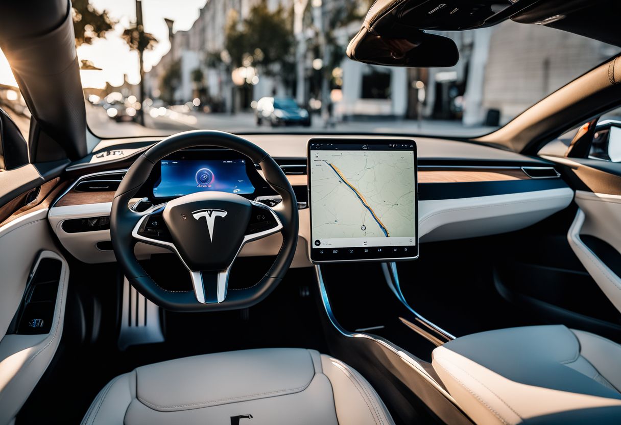 A Tesla Model 3 dashboard displays live camera footage with various people.