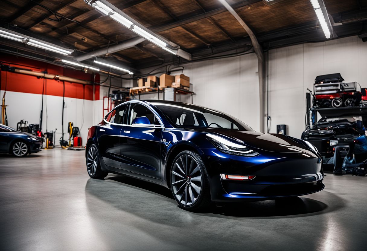 A Tesla Model 3 parked in a garage ready for Autopilot calibration.