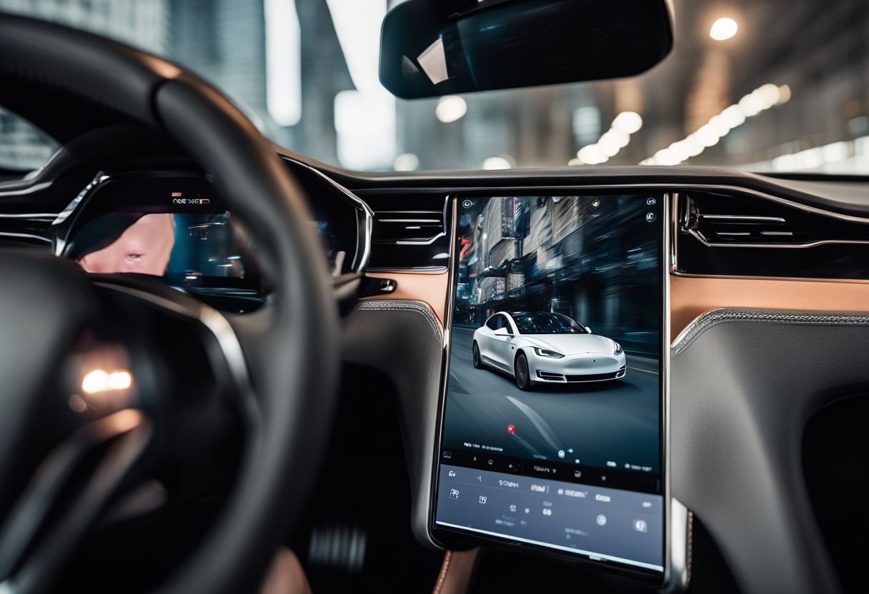 A Tesla's camera records a driver in a highly detailed car interior.