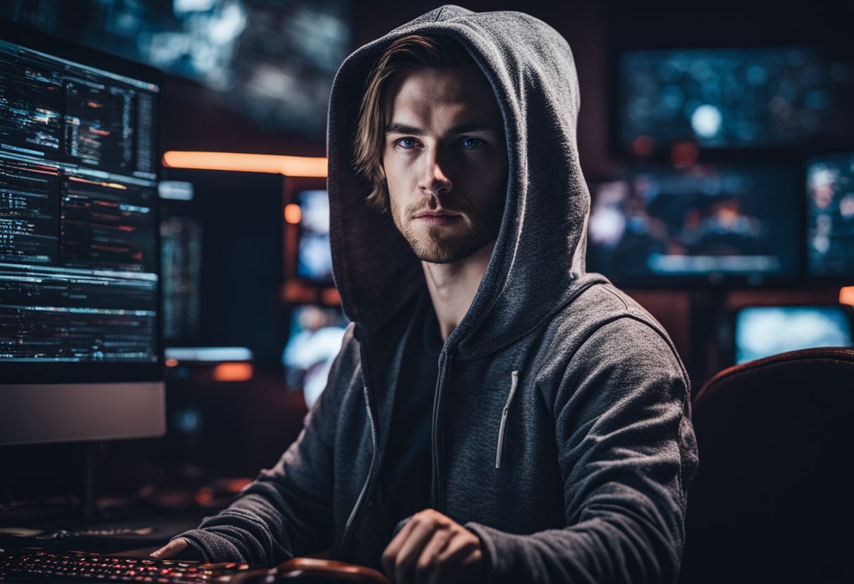 A hacker in a hoodie sitting in a dark room with screens.