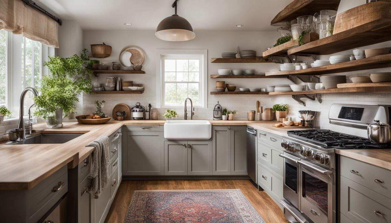 How To Decorate an Outdated Kitchen: A photo of a rental kitchen with decorative items on open shelving.
