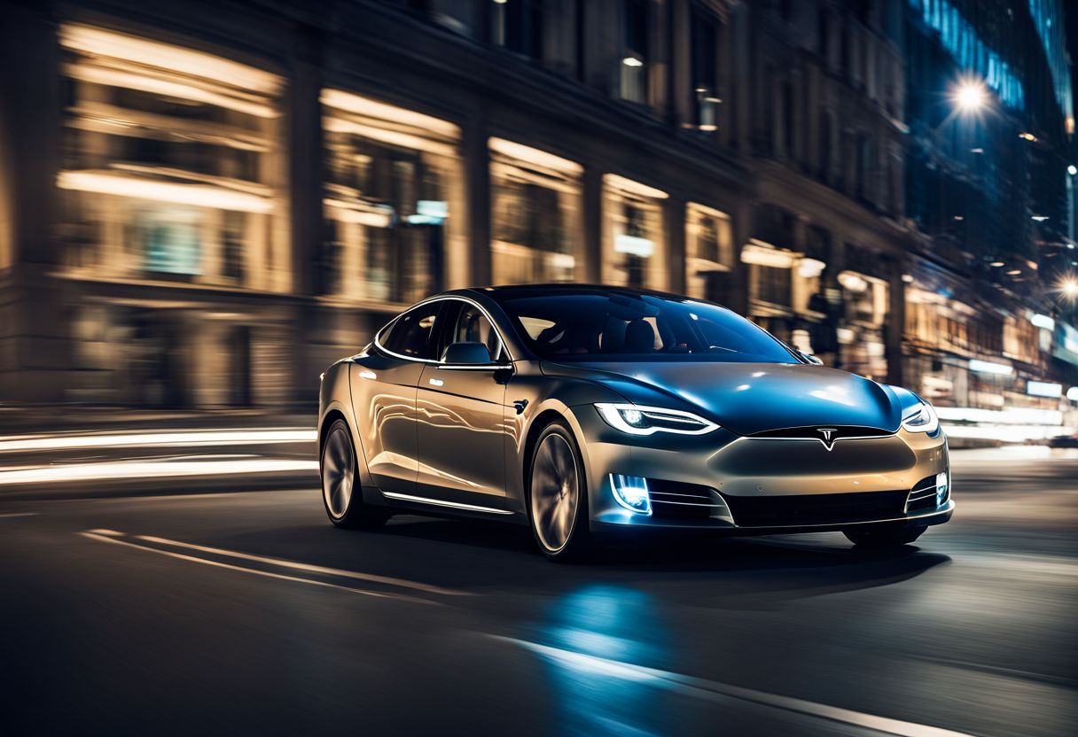 A sleek Tesla Model S drives through a bustling city street at night.