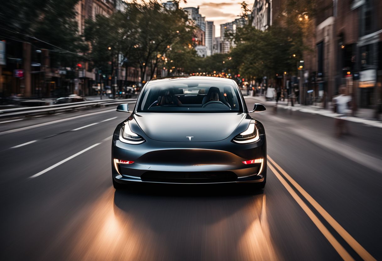 A photo of a Tesla Model 3's front camera capturing city traffic.