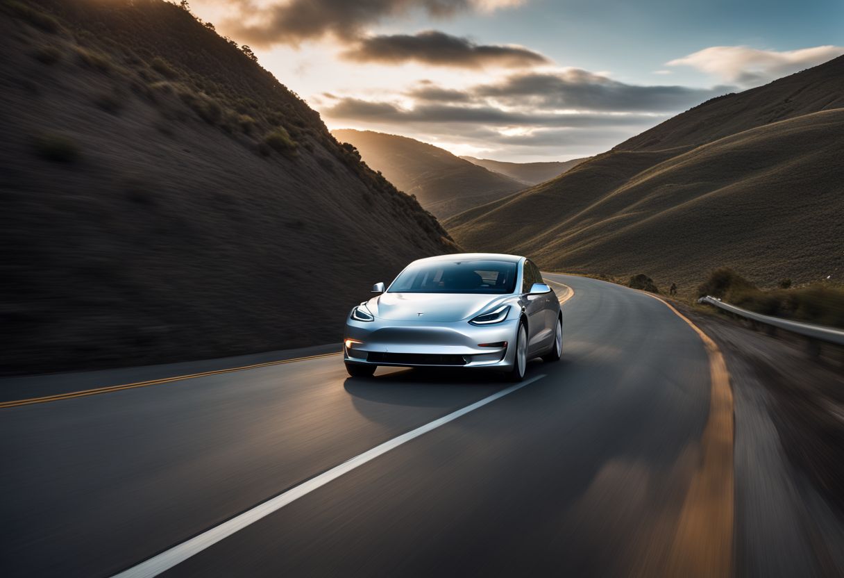 A Tesla Model 3 drives on a winding road with panoramic views.