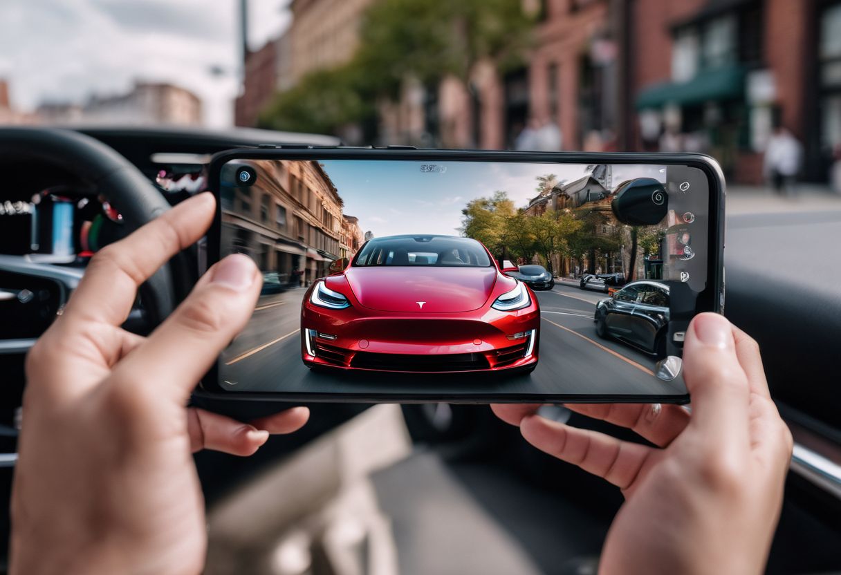 A person views their Tesla's live camera footage on a smartphone.