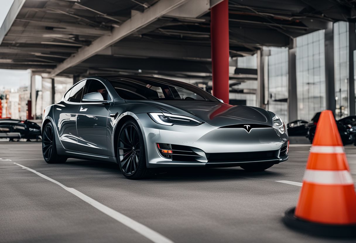 A Tesla vehicle with Sentry Mode activated in a well-lit parking lot.