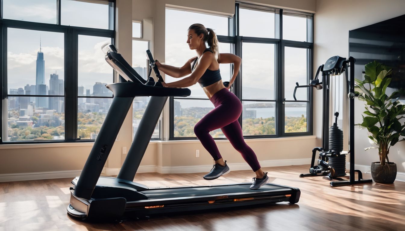 A fit woman exercises on a 3-in-1 home gym machine in a modern home gym setup. An image capturing the efficiency and style of a total body workout at home.