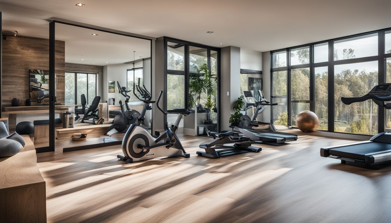 A modern and well-equipped home gym featuring various exercise equipment and accessories. An image showcasing the versatility and style of a comprehensive workout space at home.