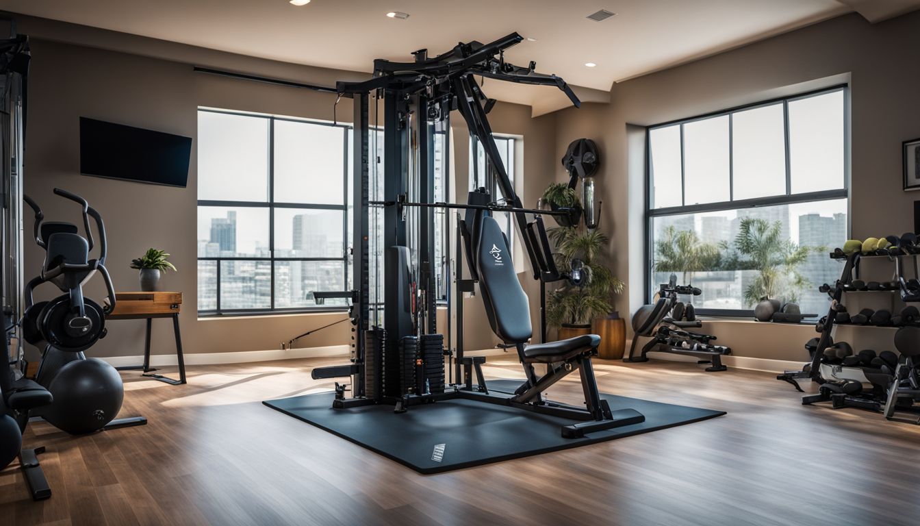 A fully equipped home gym with a Plate Loaded Cable Tower and various fitness equipment. An image showcasing the convenience and versatility of a comprehensive home workout space.