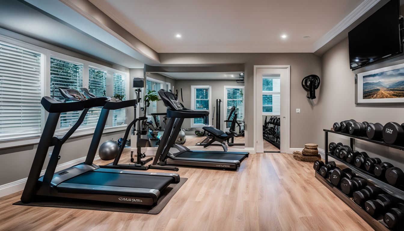 A photo of a well-organized home gym with budget-friendly equipment and diverse people exercising. An image promoting inclusivity and accessibility in fitness for everyone.