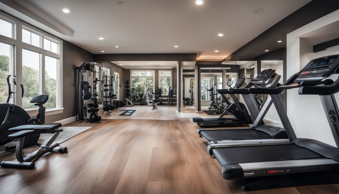 A photograph of a busy and well-equipped home gym with various workout machines and people of diverse appearances. An image portraying inclusivity and energy in a thriving home fitness community.