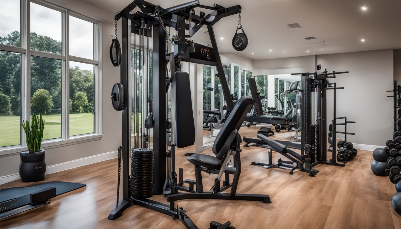 The Bells of Steel Plate Loaded Cable Tower showcased in a modern home gym, surrounded by various fitness equipment and active individuals. A glimpse into a vibrant and inclusive home workout space.